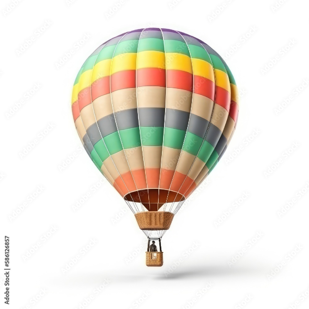 Fototapeta premium Hot air balloon in travel and adventure concept, colorful and isolated on white. A floating symbol of freedom and exploration. Generative AI