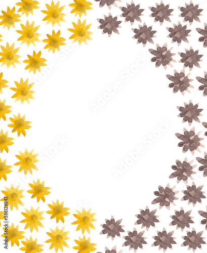 Abstract photo frame made of watercolor flowers of different diameters in brown and yellow. Isolated illustration for your design