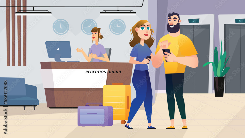 Hotel reception concept with people scene in the background cartoon design. Married couple waiting for them to be settled in a hotel room. Vector illustration. Hotel reception concept with people scene in the background cartoon design. Married couple waiting for them to be settled in a hotel room. Vector illustration.