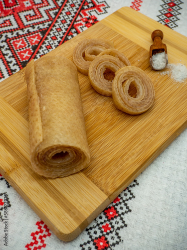 strips of raw pork rind with salt, traditional romanian cuisine delicacy known as sorici in romanian 