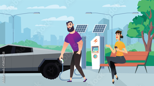 Concept Solar energy with people in the background cartoon style. Man refuels his electric car with the help of a solar battery. Vector illustration.