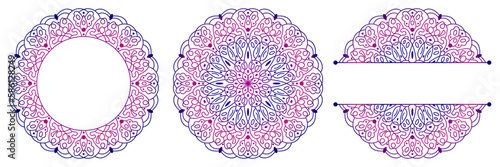 Set of flower mandalas. Split pattern in form of mandala for Henna Mehndi or tattoo decoration. Decorative ornament in ethnic oriental style, vector illustration.