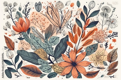 Illustration of colorful flowers and leaves on a plain white background created with Generative AI technology