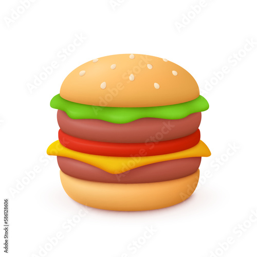 Burger, hamburger. Fast food concept. 3d vector icon. Cartoon minimal style.