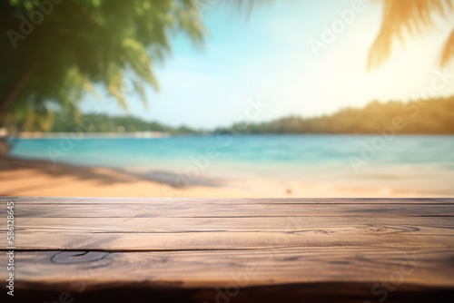empty wooden table on a beach with palm trees, product mock up © iv work