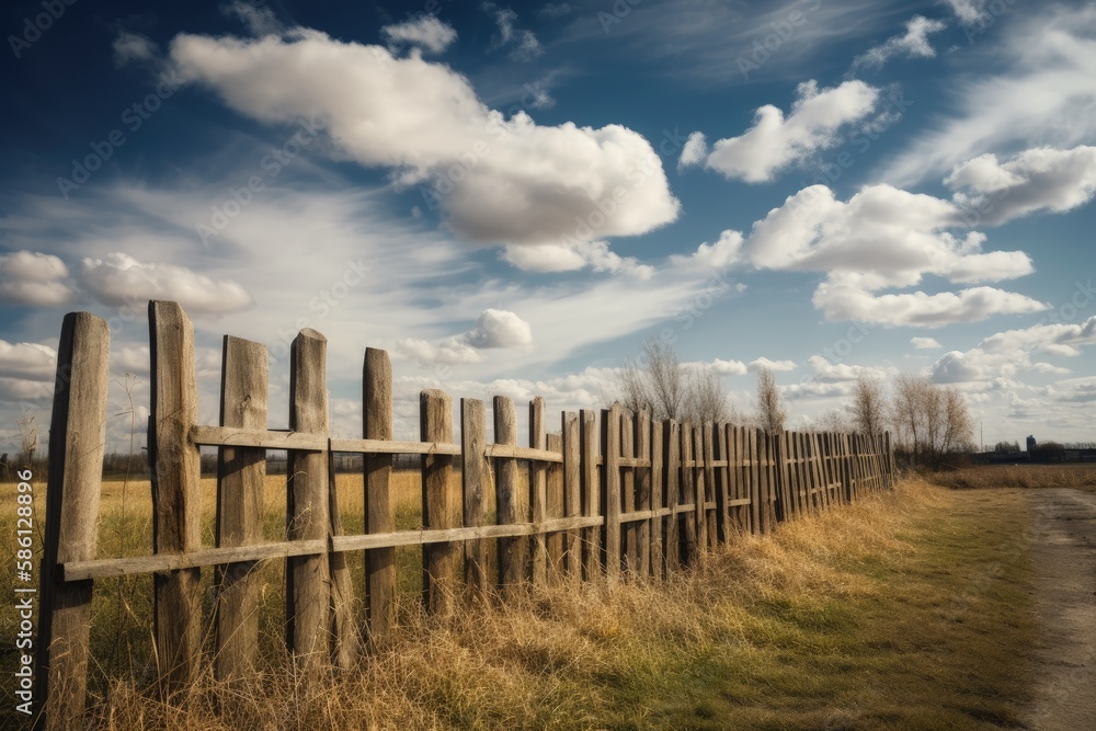 Obraz premium wooden fence in a vast field under the blue sky created with Generative AI technology