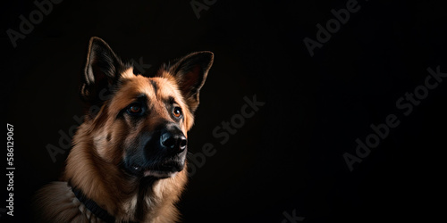 German shepherd dog portrait isolated on black. Generative AI