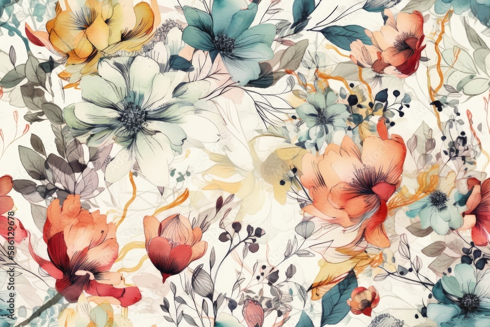 white floral pattern with a variety of flowers created with Generative AI technology