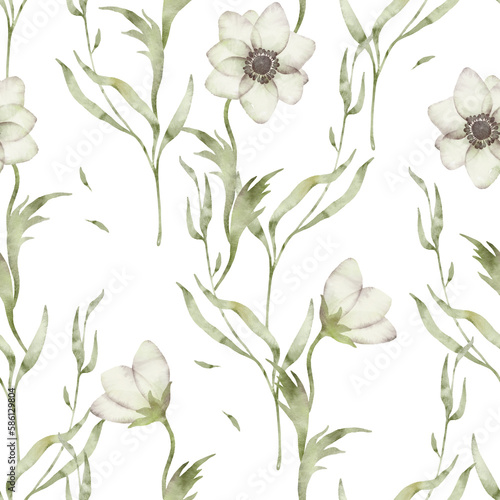 A seamless watercolor pattern with floral - a composition of green leaves, branches and flowers on a white background. Perfect for wrappers, wallpapers, postcards, greeting cards, wedding invitations.