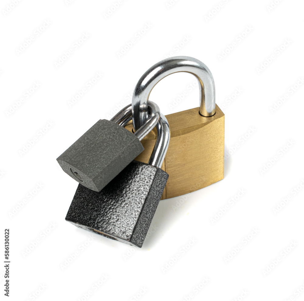 Three Closed Locks Isolated, Golden and Black Padlocks Locked Together on White Three Closed Locks Isolated, Golden and Black Padlocks Locked Together on White
