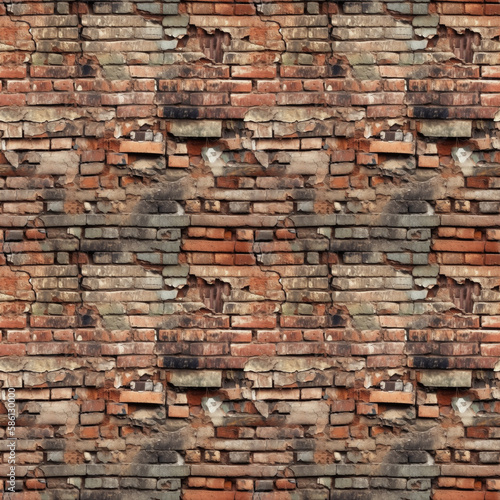 Seamless pattern of an old brick wall with cracks. Bricks background. Perfect for wallpaper, web backgrounds. Good quality for repeating design. Generative AI. Edited in photoshop.