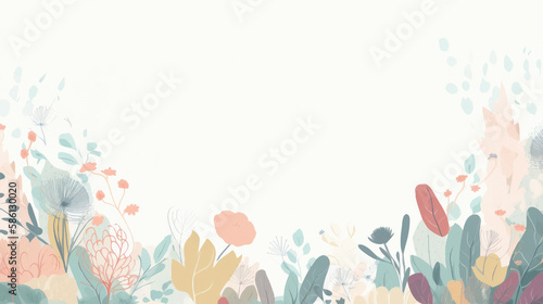 A minimalist illustration with a large empty space in the middle and a thin floral border in various colors on a plain background invitation card for wedding, birthday and other holiday