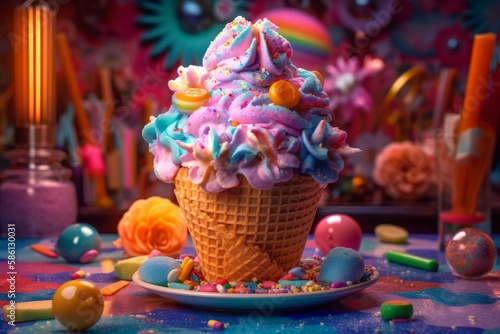 Whimsical Rainbow Ice cream Cone on a Rainbow Candy Land Fantasy background - Generative AI Illustration © AI Visual Vault
