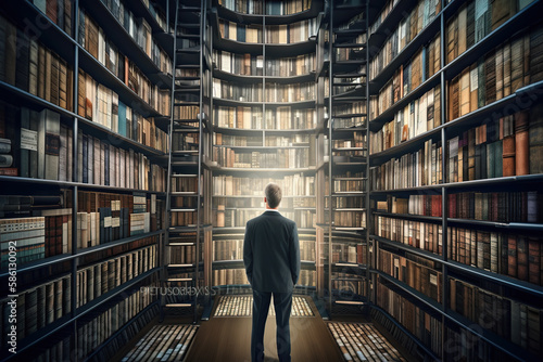 Rear view of young businessman looking at bookshelf in library, Generative AI