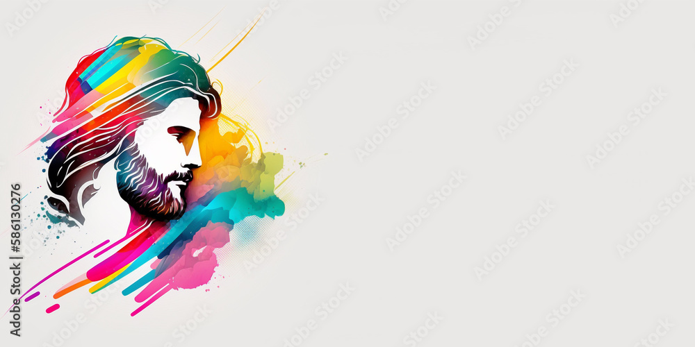 Minimalistic God Jesus on white background. He is risen in easter day concept banner, with God Jesus. Jesus is closer to children in colorful illustrations. Banner with space for text, copy space. Minimalistic God Jesus on white background. He is risen in easter day concept banner, with God Jesus. Jesus is closer to children in colorful illustrations. Banner with space for text, copy space.