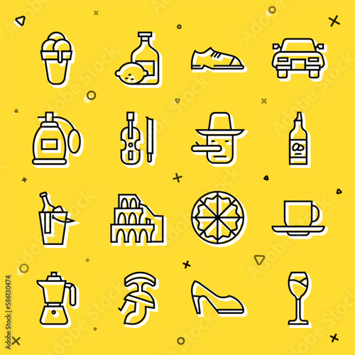 Set line Wine glass, Coffee cup, Bottle olive oil, Men shoes, Violin, Perfume, Ice cream and Pinocchio icon. Vector