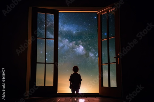 Silhouette of a child looking at the milky way through the window, Generative AI