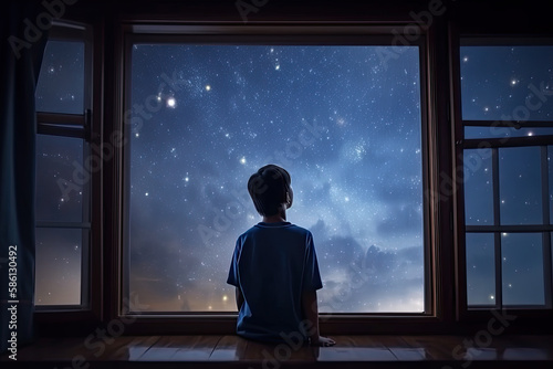 Leinwand Poster Little boy looking at the starry night sky through the window
