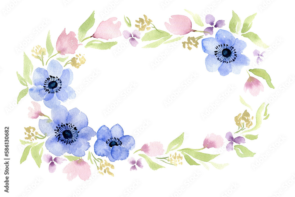 Watercolor blue flower anemone wreath frame. Blue anemones botanical illustration with leaves and spring flowers. Greeting cards floral template