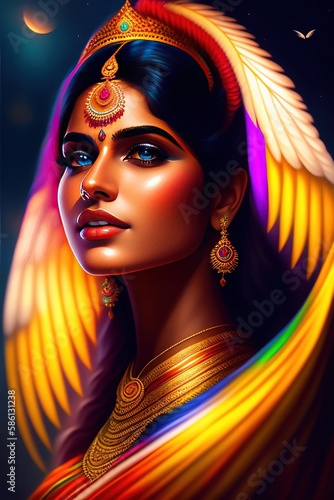 Indian Girl Angel with Colorful Wings: A Divine and Heavenly Beauty in a Vibrant Portrait
