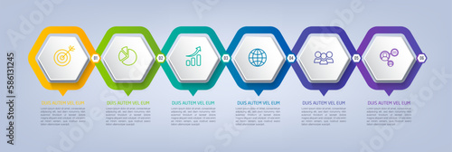 Business infographic template with step or option design. Infographics six options. Diagram with hexagons. Vector design.
