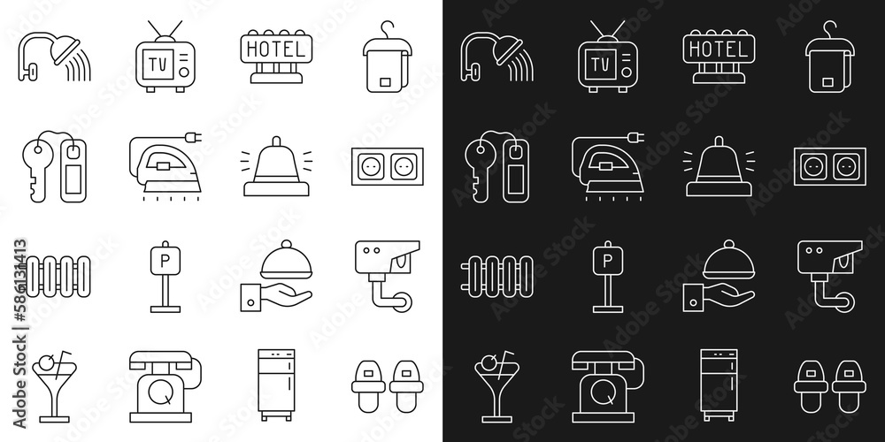Set line Hotel slippers, Security camera, Electrical outlet, Signboard with text, iron, door lock key, Shower head and service bell icon. Vector Set line Hotel slippers, Security camera, Electrical outlet, Signboard with text, iron, door lock key, Shower head and service bell icon. Vector