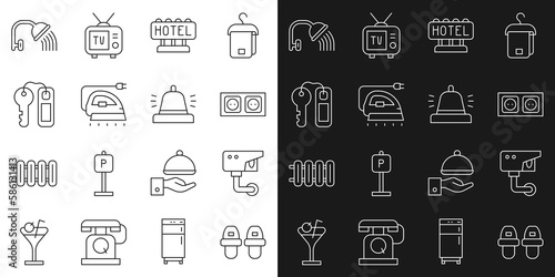 Set line Hotel slippers, Security camera, Electrical outlet, Signboard with text, iron, door lock key, Shower head and service bell icon. Vector