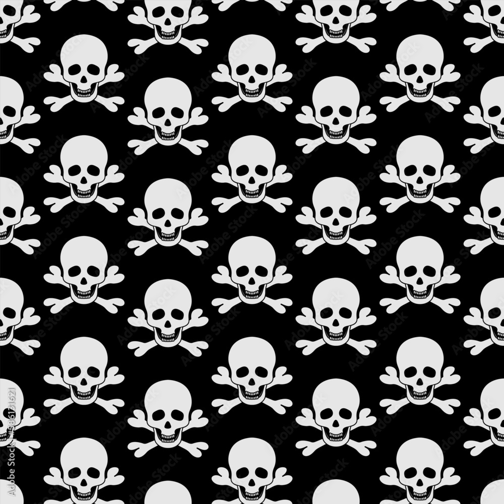 White skull and crossbones. Repeating vector pattern. Pirate symbol seamless pattern. Part of the skeleton. Isolated black background. Jaw with straight teeth. Hollows instead of eyes and nose. White skull and crossbones. Repeating vector pattern. Pirate symbol seamless pattern. Part of the skeleton. Isolated black background. Jaw with straight teeth. Hollows instead of eyes and nose.