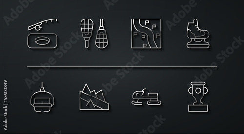 Set line Winter fishing, Ski lift, Skates, Snowmobile, Mountain descent, Snowshoes, Award cup and Route location icon. Vector
