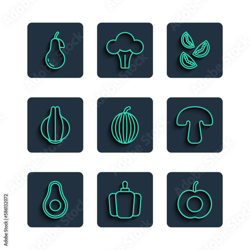 Set line Avocado fruit, Bell pepper, Peach, Tomato, Watermelon, Onion, Pear and Mushroom icon. Vector