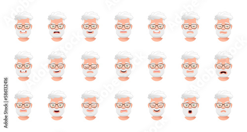 Facial expression of a handsome elderly man with gray hair. Set of different emotions of an old white bearded man in glasses. Smile, happiness, anger, disappointment, sadness, surprise, fear.