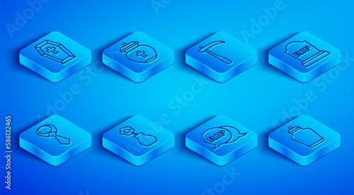 Set line Coffin with cross, Funeral urn, Scythe, Flower vase, Speech bubble rip death, Tombstone RIP written, Tie and icon. Vector