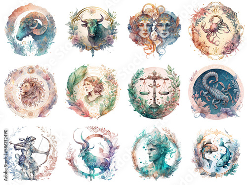 Set of zodiac signs icons. Aries, Leo, Gemini, Taurus, Scorpio, Aquarius, Pisces, Sagittarius, libra, Virgo, Capricorn, and cancer. Watercolour painting style. Generative AI