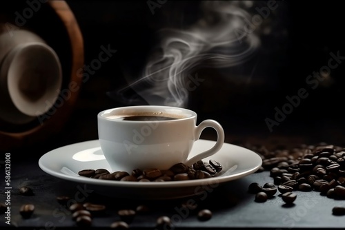 Close-up Coffee Bean. White Coffee Cup on blur Background for Drink Advertisements