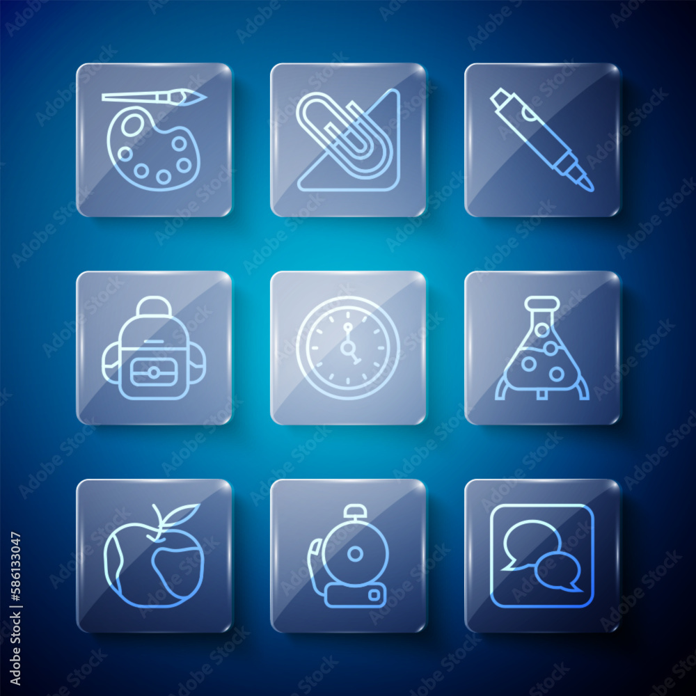 Set line Apple, Ringing alarm bell, Speech bubble chat, Marker pen, Clock, School backpack, Paint brush with palette and Test tube and flask icon. Vector Set line Apple, Ringing alarm bell, Speech bubble chat, Marker pen, Clock, School backpack, Paint brush with palette and Test tube and flask icon. Vector