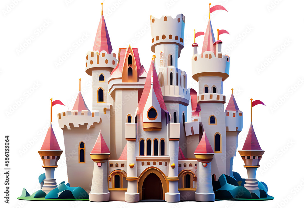 3d illustration fairy tale castle building, isolated on white and transparent background, ai generate - obrazy, fototapety, plakaty 