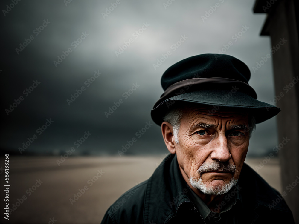Dramatic portrait of an elderly man, late autumn landscape as background, dark sky with storm clouds. Generative AI. Dramatic portrait of an elderly man, late autumn landscape as background, dark sky with storm clouds. Generative AI.