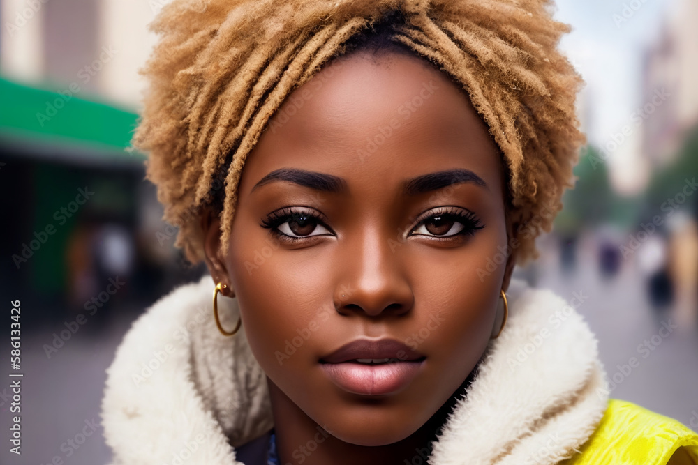 A beautiful african american woman portrait, city street as background. Generative AI. A beautiful african american woman portrait, city street as background. Generative AI.
