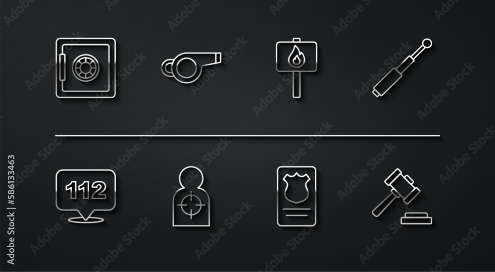 Set line Safe, Telephone call 112, Telescopic baton, Police badge with id case, Human target sport for shooting, Whistle, Judge gavel and Protest icon. Vector Set line Safe, Telephone call 112, Telescopic baton, Police badge with id case, Human target sport for shooting, Whistle, Judge gavel and Protest icon. Vector