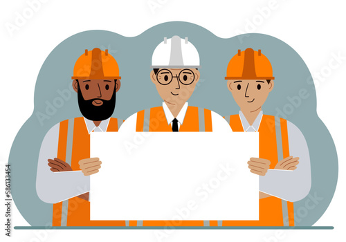 Man engineer team and construction team holding a blank sheet of paper. Concept of builder, engineer, planner or designer.