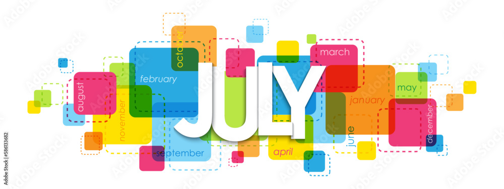 JULY colorful vector typography banner - obrazy, fototapety, plakaty 
