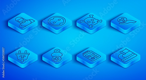 Set line Nuclear reactor worker, Electrical outlet, Bones and skull warning, Radioactive exchange energy, Dosimeter, Radiation electrical plug and Wastewater icon. Vector