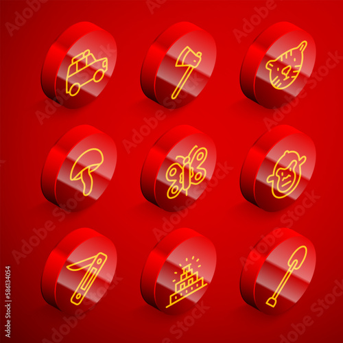 Set line Car, Wooden axe, Tiger head, Mushroom, Butterfly, Monkey, Swiss army knife and Chichen Itza in Mayan icon. Vector