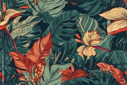 Illustration of green and orange leaves against a dark background created with Generative AI technology