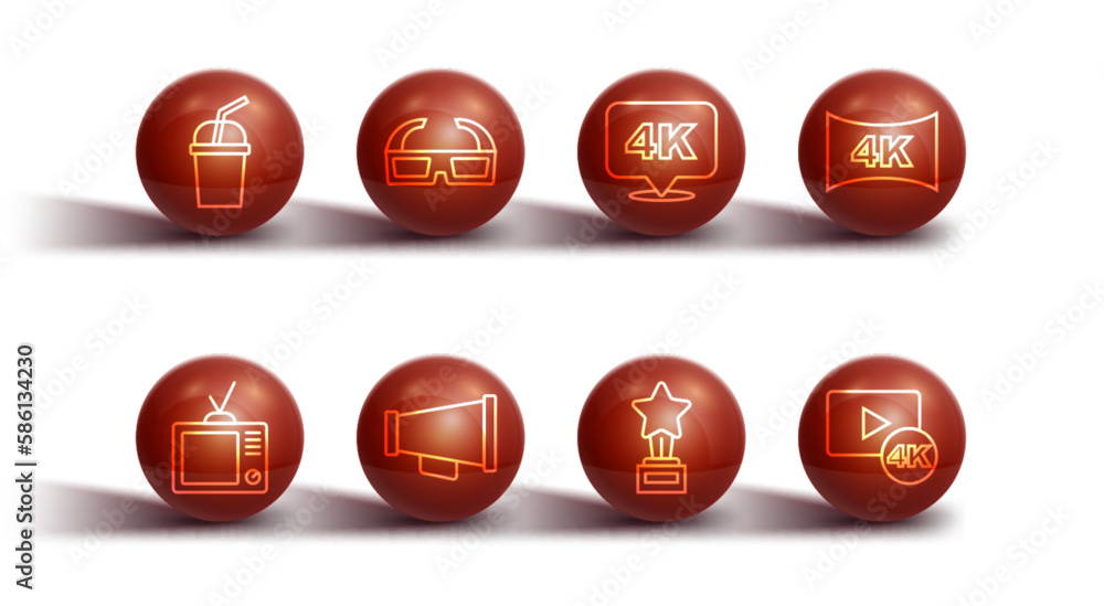 Set line Paper glass with water, Retro tv, Screen 4k, Movie trophy, Megaphone, 3D cinema glasses, and Ultra HD icon. Vector Set line Paper glass with water, Retro tv, Screen 4k, Movie trophy, Megaphone, 3D cinema glasses, and Ultra HD icon. Vector