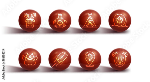 Set line Deer head with antlers, Bear paw footprint, Canadian maple leaf, Hockey puck, Bottle of syrup, and Indian teepee or wigwam icon. Vector
