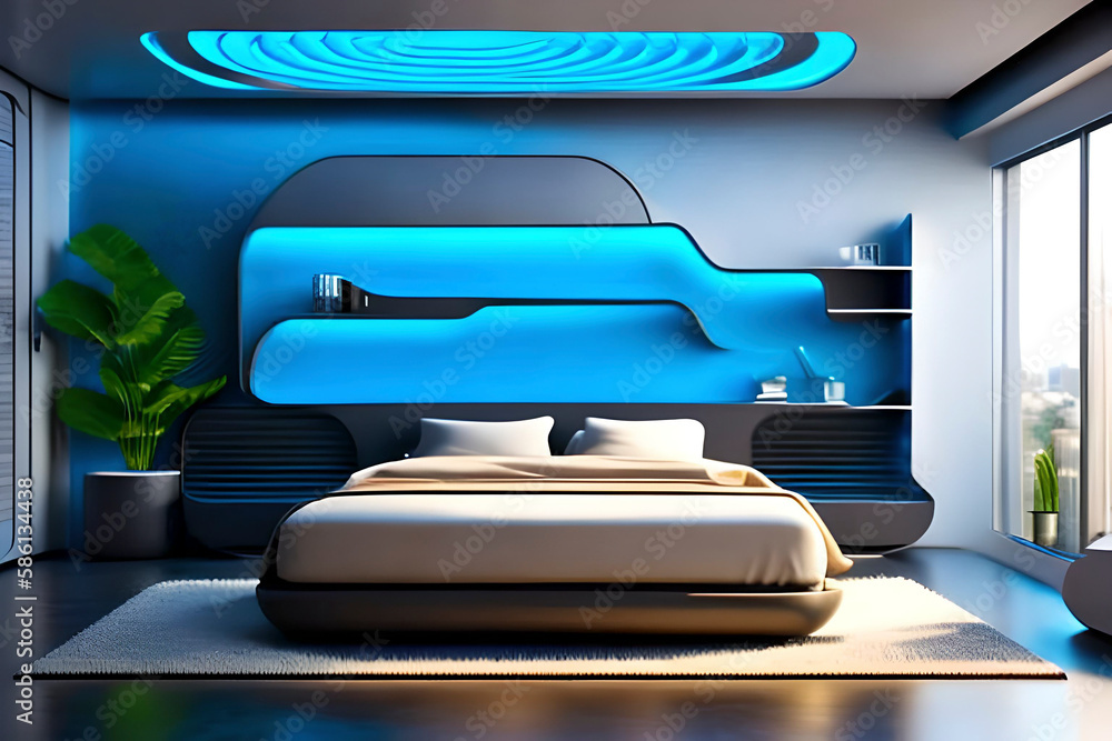 Generative AI image of a futuristic bedroom concept giving emphasis on space and functionality.