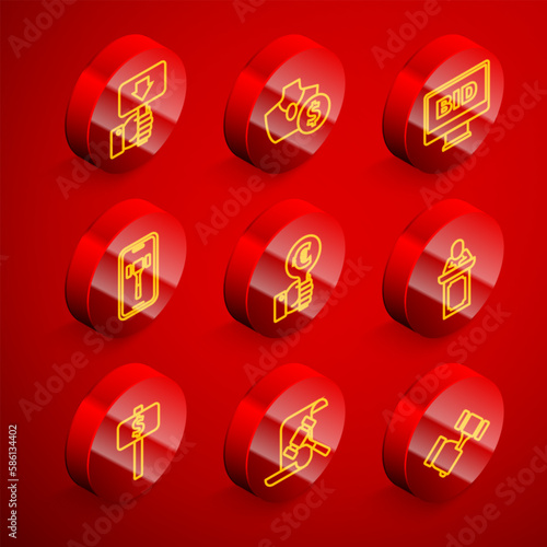 Set line Hand holding auction paddle, Auction jewelry sale, Online, auctioneer sells, and hammer icon. Vector
