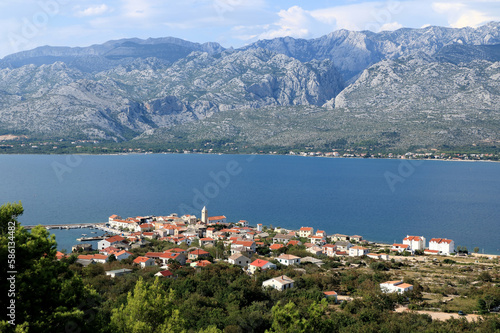 view on the cozy village Vinjerac and the Velebit mountains, Croatia