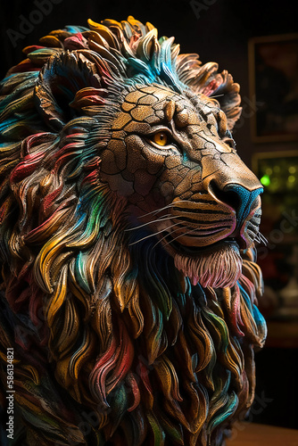 A Colorful Lion Sculpture Made of Clay, Abstract and Contemporary Design Artwork. Generative AI.